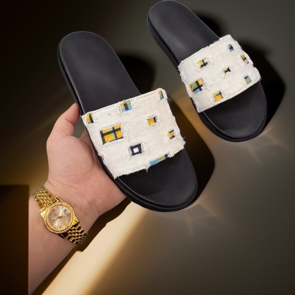 Dép Lê Unisex Nam Nữ Quai Ngang, Chất Liệu Jean, Họa Tiết Logo Nổi Bật, Đế Khâu Chắc Chắn