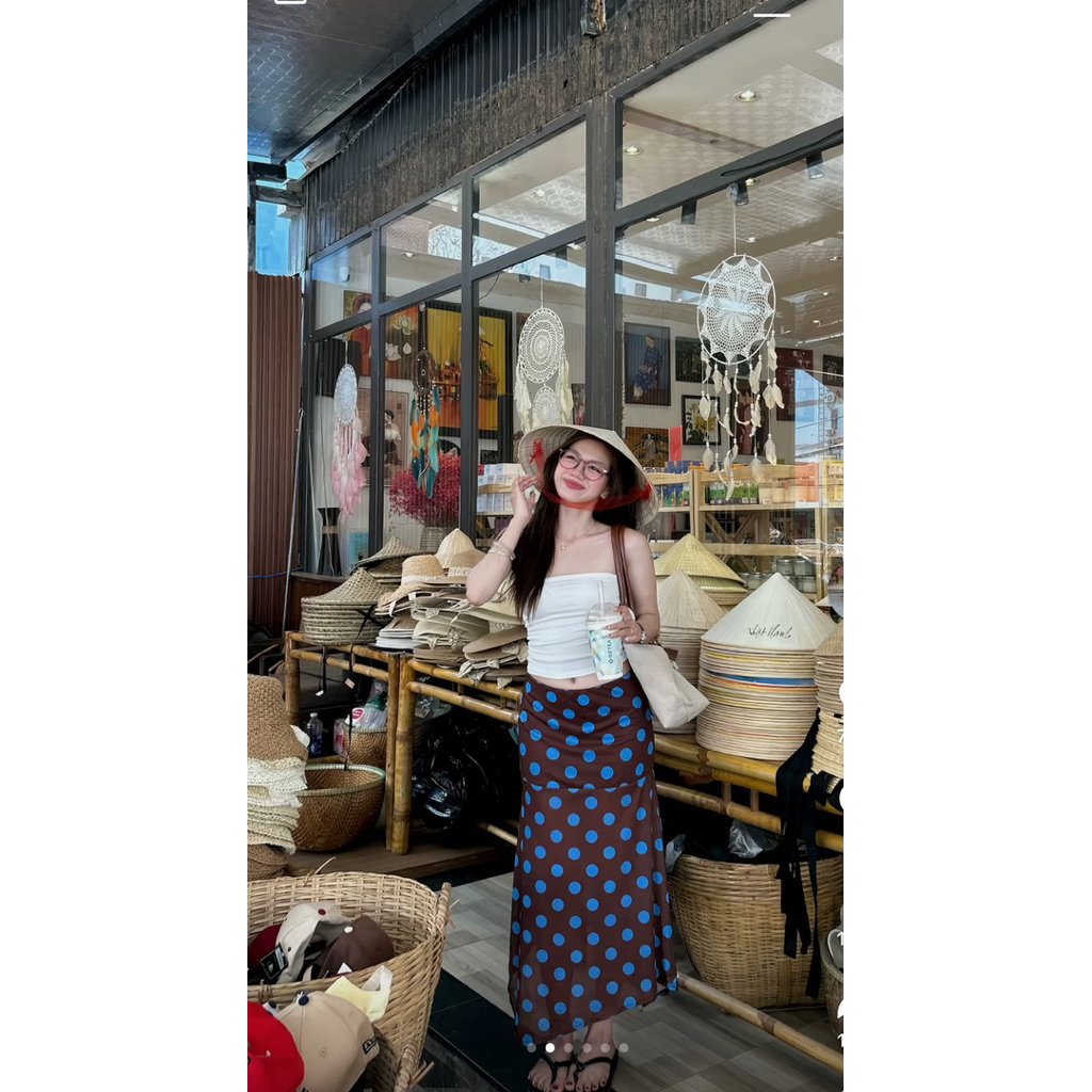 SweeticMe Nữ 2025 Thời Trang Mới Màu Sắc Tương Phản Chấm Bi Lưới Không Đều Nhìn Xuyên Qua Váy Dài