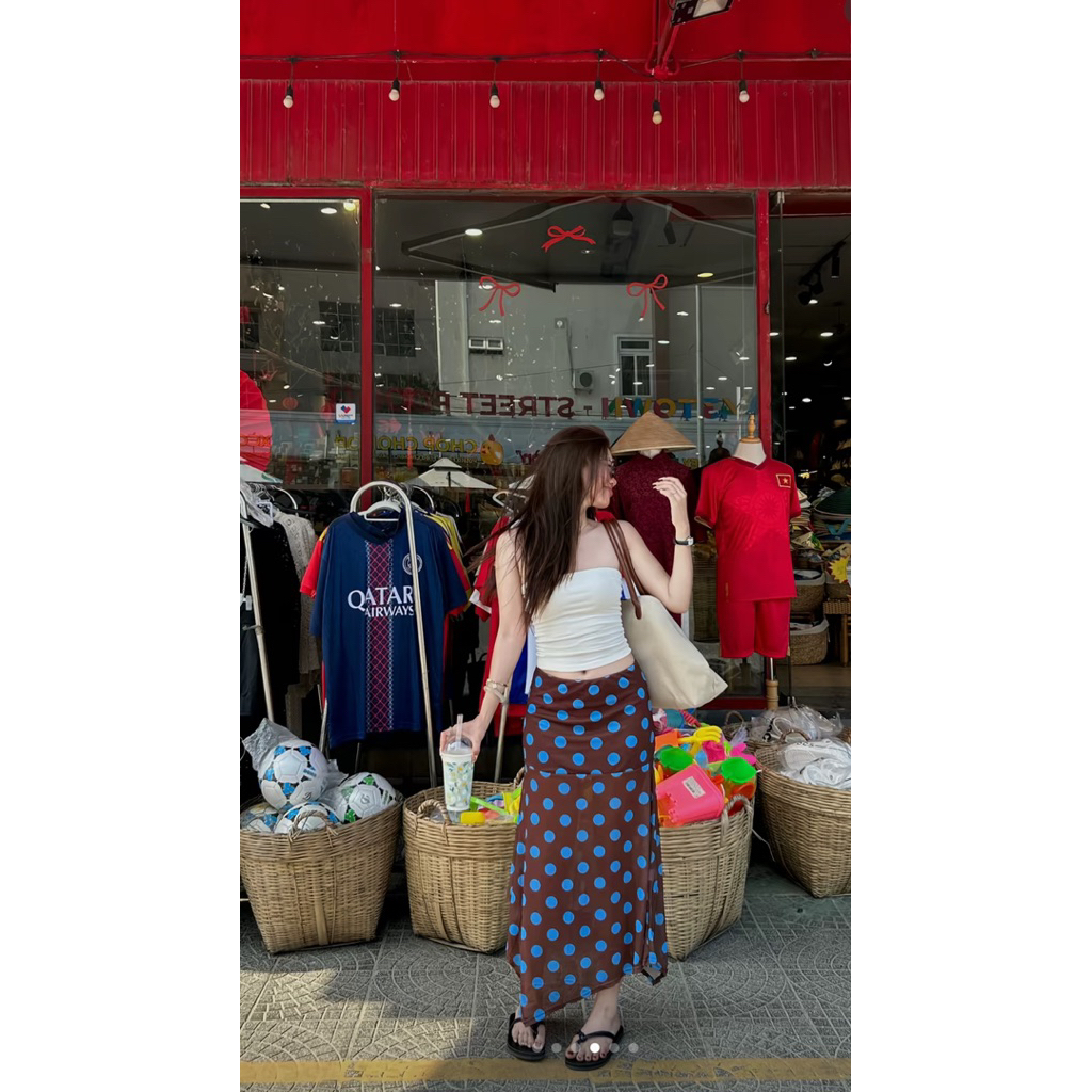 SweeticMe Nữ 2025 Thời Trang Mới Màu Sắc Tương Phản Chấm Bi Lưới Không Đều Nhìn Xuyên Qua Váy Dài