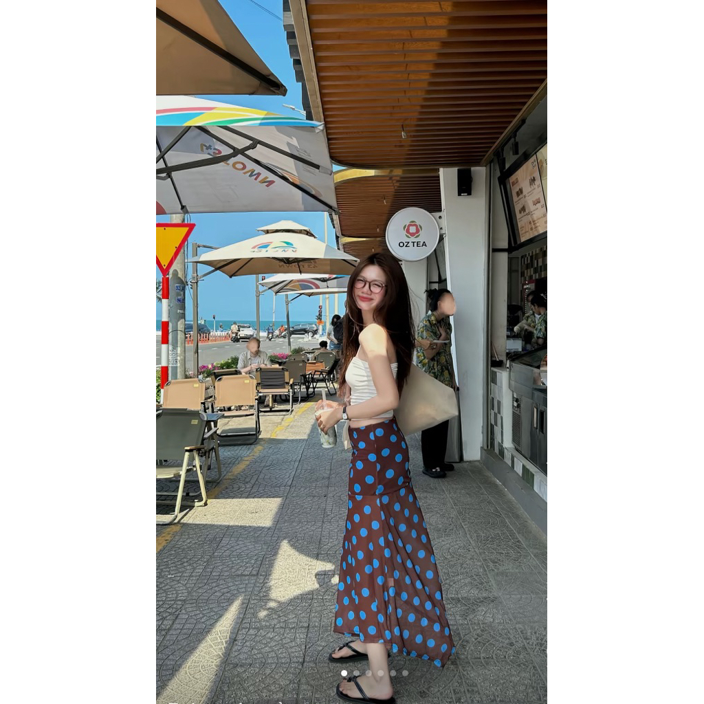 SweeticMe Nữ 2025 Thời Trang Mới Màu Sắc Tương Phản Chấm Bi Lưới Không Đều Nhìn Xuyên Qua Váy Dài