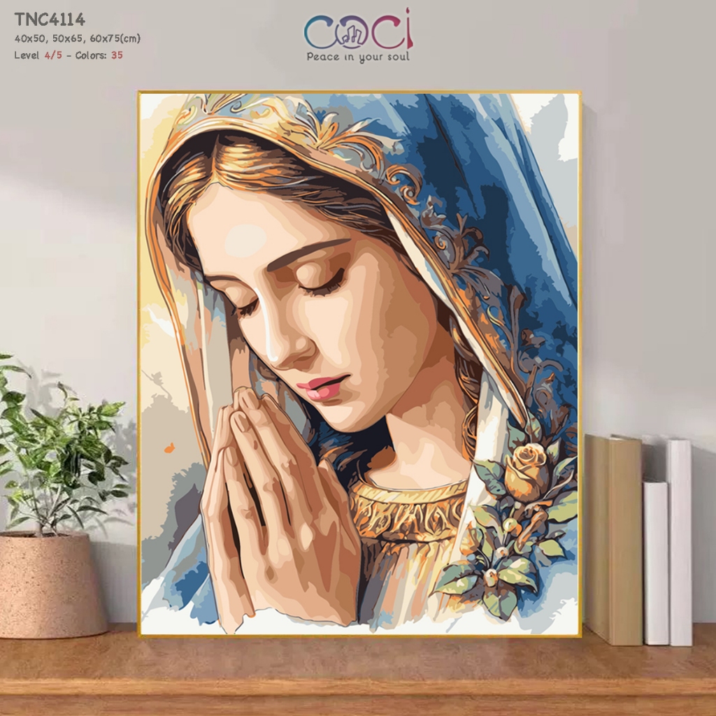 Tranh Sơn Dầu Kỹ Thuật Số Tự Tô Màu Theo Số Công Giáo Đức Mẹ Maria Cầu Nguyện COCI Có Khung TNC4114