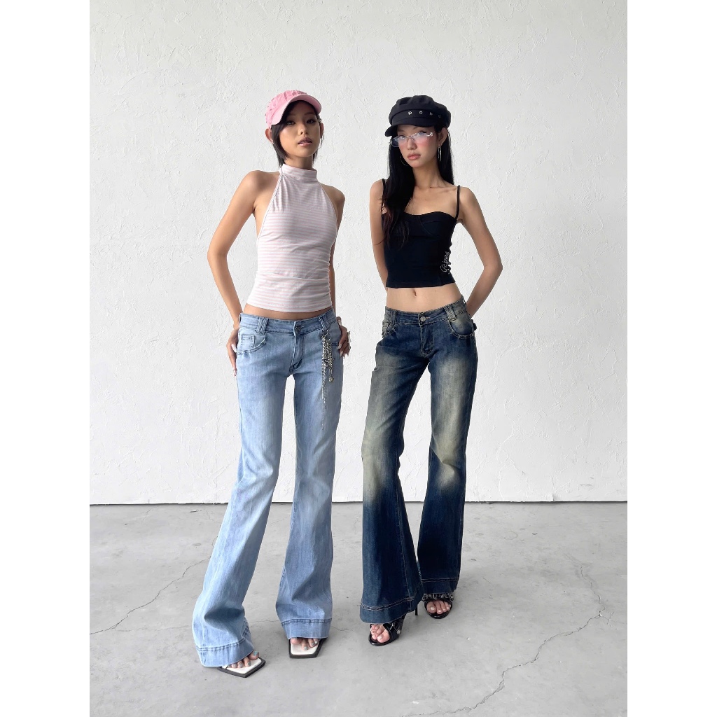 Quần Jeans Cạp Trễ TWENTI Co Giãn Ống Loe Thêu Túi