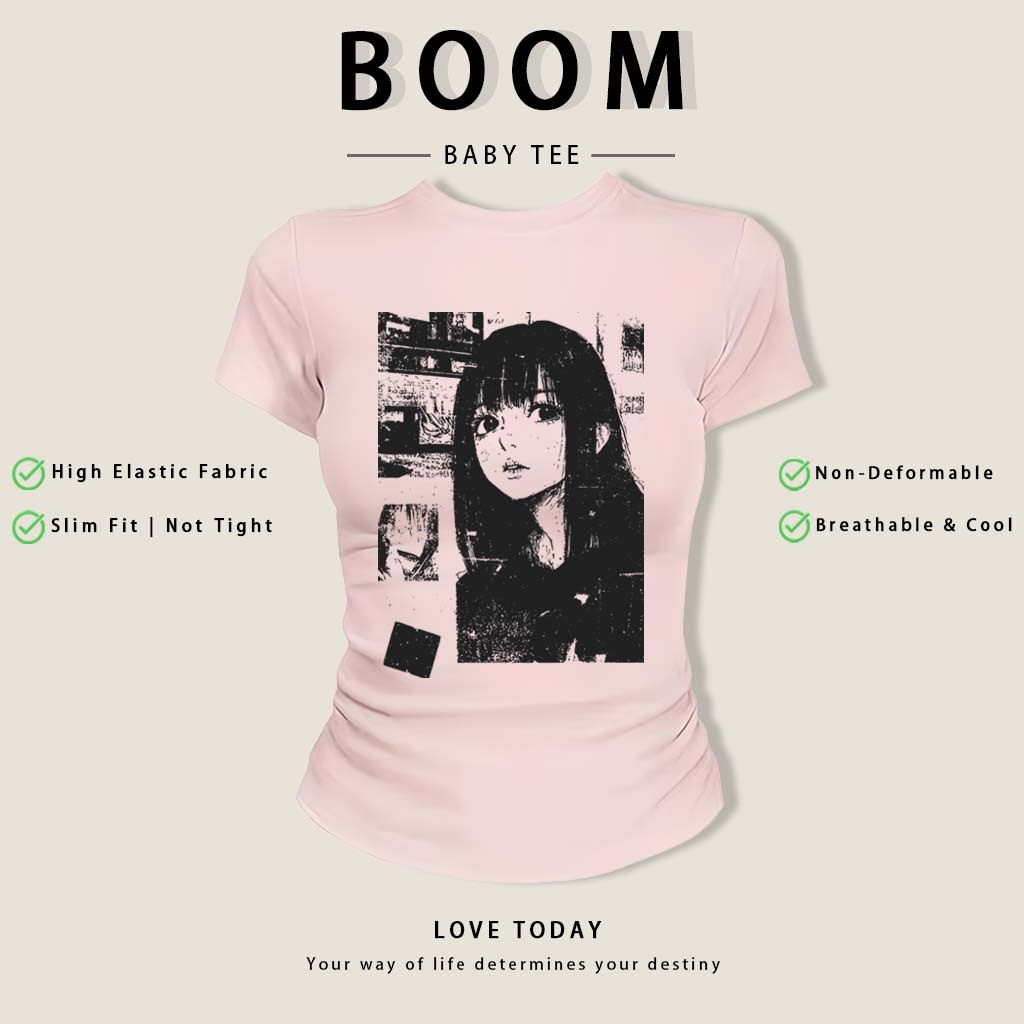 BOOM Áo Baby Tee Nữ Cotton Ôm Body-Áo Thun Ngắn Tay Y2K In Hình PhongCách Mùa Hè, Cổ Tròn Hàng Đầucách hàn quốc phong#05