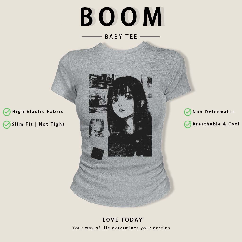 BOOM Áo Baby Tee Nữ Cotton Ôm Body-Áo Thun Ngắn Tay Y2K In Hình PhongCách Mùa Hè, Cổ Tròn Hàng Đầucách hàn quốc phong#05