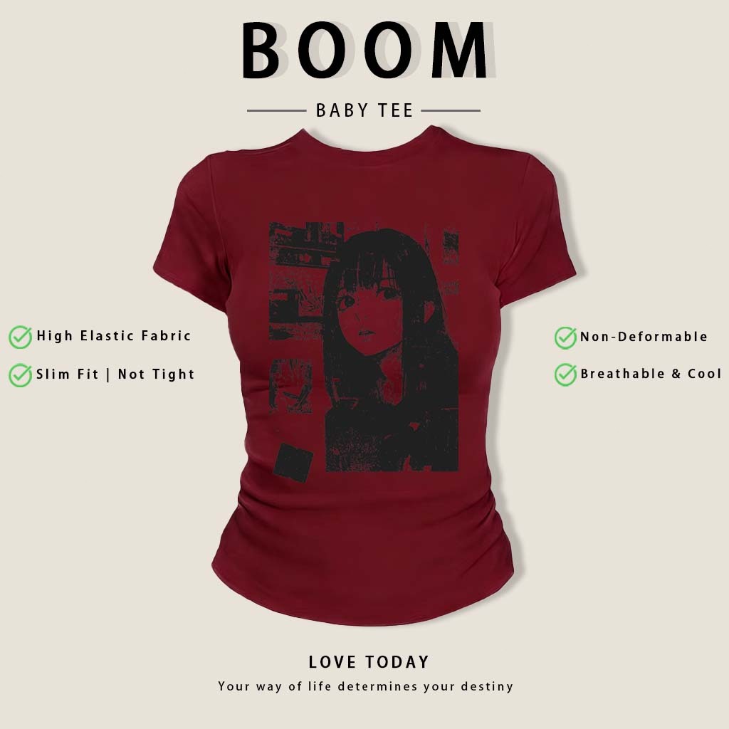 BOOM Áo Baby Tee Nữ Cotton Ôm Body-Áo Thun Ngắn Tay Y2K In Hình PhongCách Mùa Hè, Cổ Tròn Hàng Đầucách hàn quốc phong#05