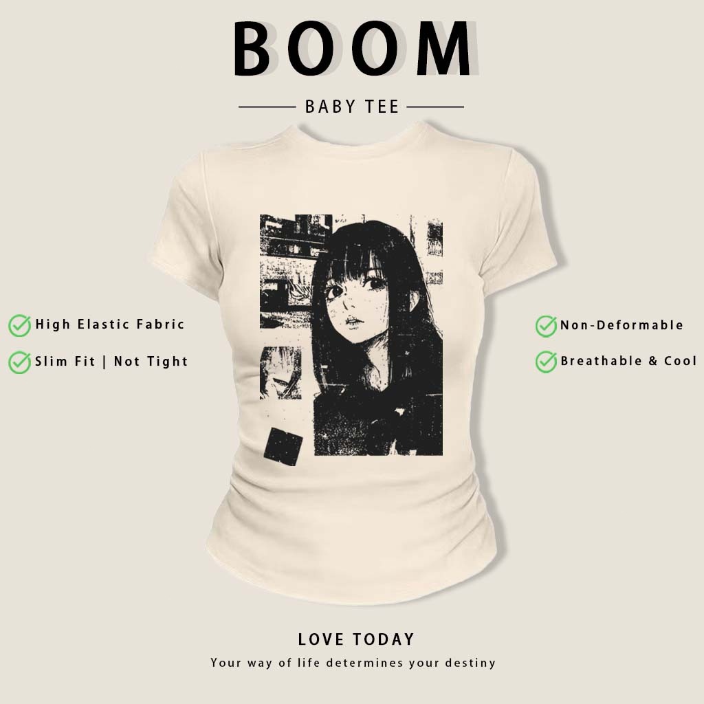 BOOM Áo Baby Tee Nữ Cotton Ôm Body-Áo Thun Ngắn Tay Y2K In Hình PhongCách Mùa Hè, Cổ Tròn Hàng Đầucách hàn quốc phong#05