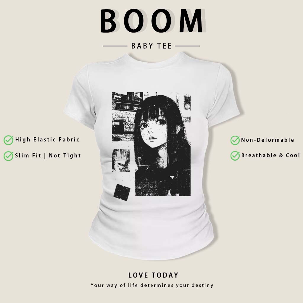 BOOM Áo Baby Tee Nữ Cotton Ôm Body-Áo Thun Ngắn Tay Y2K In Hình PhongCách Mùa Hè, Cổ Tròn Hàng Đầucách hàn quốc phong#05