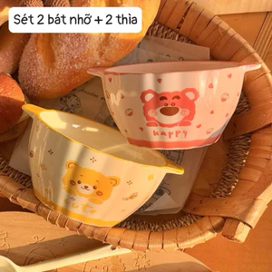 🐻 Set 2 Bát Ăn Sứ Kèm 2 Thìa Cho Bé – Thiết Kế Dễ Thương, An Toàn Cho Trẻ Nhỏ 🍓