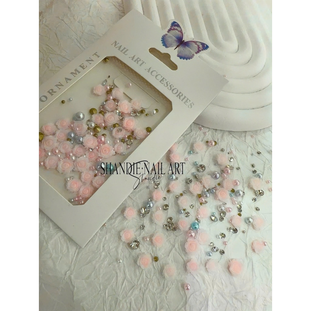 [Ưu Đãi Sản Phẩm Mới] Phụ kiện Charm Hoa Hồng Mix Bi Ngọc Set Túi Trang Tri Móng Women Nữ