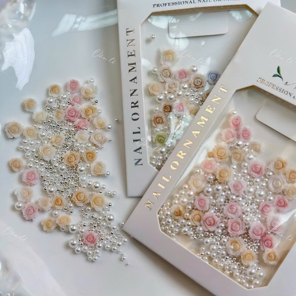 [Ưu Đãi Sản Phẩm Mới] Phụ kiện Charm Hoa Hồng Mix Bi Ngọc Set Túi Trang Tri Móng Women Nữ