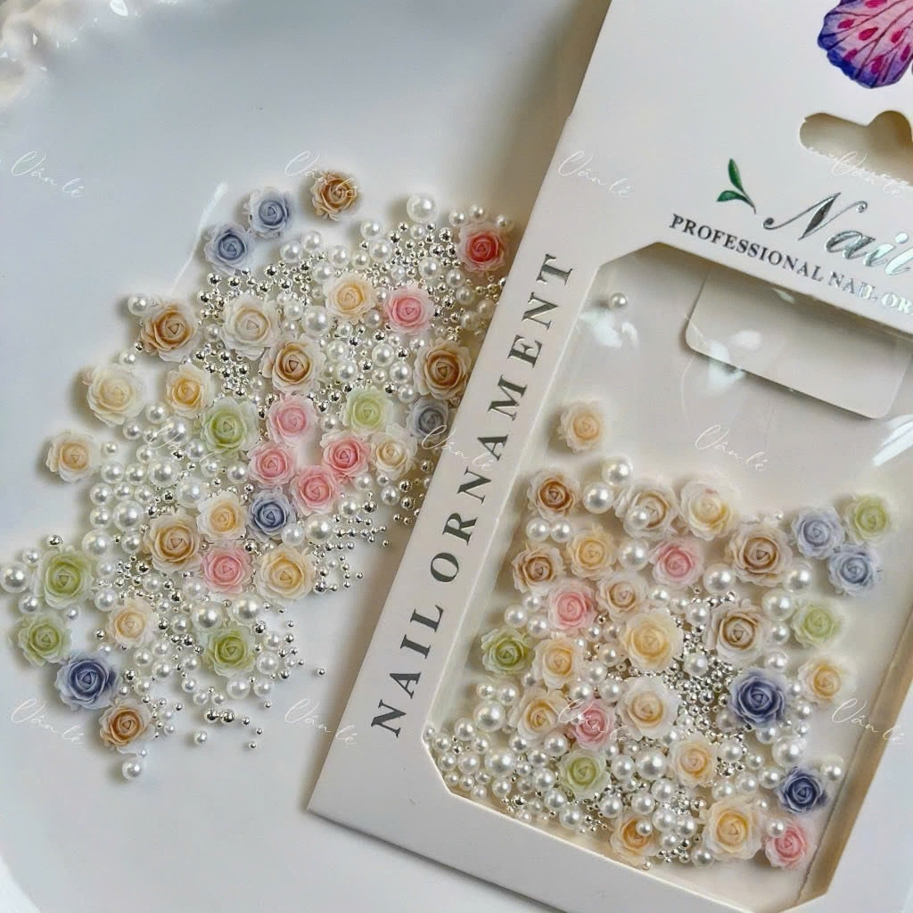 [Ưu Đãi Sản Phẩm Mới] Phụ kiện Charm Hoa Hồng Mix Bi Ngọc Set Túi Trang Tri Móng Women Nữ