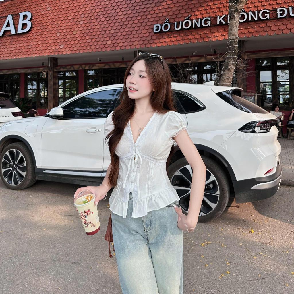 B09-Áo Sơ Mi Đũi Cổ Tim Phối Ren Có Dây Thắt  Nơ Dáng Babydoll, Áo Sơ Mi Nữ Kiểu Xinh Style Hàn Quốc