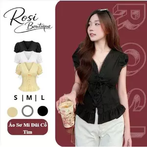 B09-Áo Sơ Mi Đũi Cổ Tim Phối Ren Có Dây Thắt Nơ Dáng Babydoll, Áo Sơ Mi Nữ Kiểu Xinh Style Hàn Quốc
