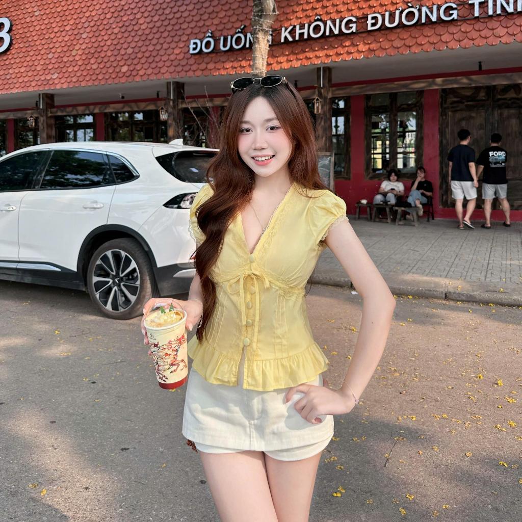 B09-Áo Sơ Mi Đũi Cổ Tim Phối Ren Có Dây Thắt  Nơ Dáng Babydoll, Áo Sơ Mi Nữ Kiểu Xinh Style Hàn Quốc