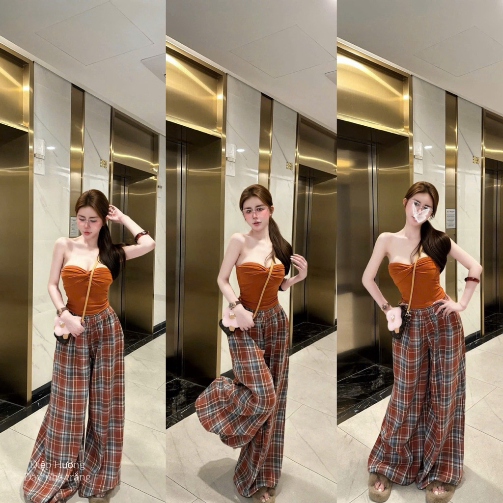 Set áo quây xoắn ngực quần kẻ xuông dài