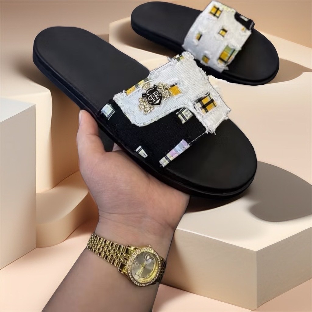 Dép Lê Unisex Nam Nữ Quai Ngang, Chất Liệu Jean, Họa Tiết Logo Nổi Bật, Đế Khâu Chắc Chắn