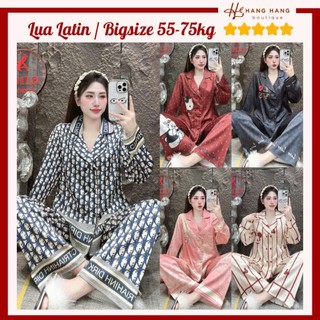 Bộ đồ ngủ pijama nữ bigsize 55-75kg dài tay cổ vest nút đôi lụa latin mịn mát 75DD04 đồ bộ mặc nhà dễ thương sang chảnh