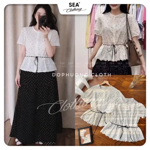 Áo sơ mi thô cổ tròn ren hoa nổi phối chấm bi rút dây eo NGẮN TAY style UWI