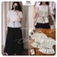 Áo sơ mi thô cổ tròn ren hoa nổi phối chấm bi rút dây eo NGẮN TAY style UWI
