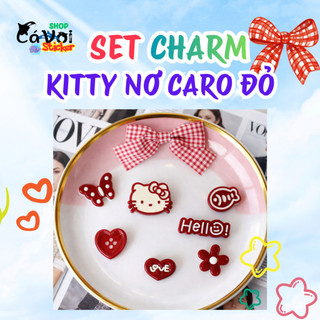 Set Charm Hello Kitty Nơ Đỏ Caro – Nơ Tim Hoa Ngọt Ngào Dễ Thương Phong Cách Tiểu Thư Trang Trí Dép Xinh Xắn Nổi Bật