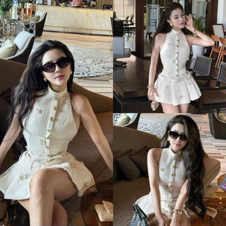 Váy Đầm Dạ Cúc Đồng Đính Đá Hoa Cổ Yếm Kèm Đai Sang Chảnh