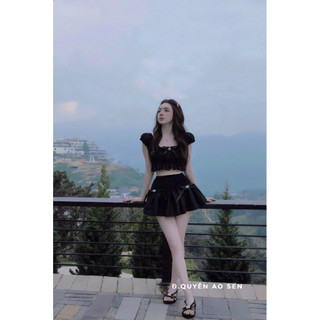 SET ÁO TAY BỒNG CHÂN VÁY XOÈ NƠ ĐÁ HOT HIT