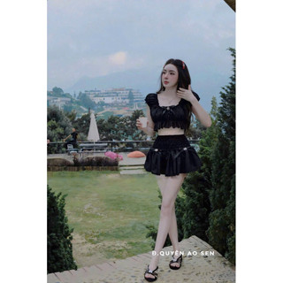 SET ÁO TAY BỒNG CHÂN VÁY XOÈ NƠ ĐÁ HOT HIT