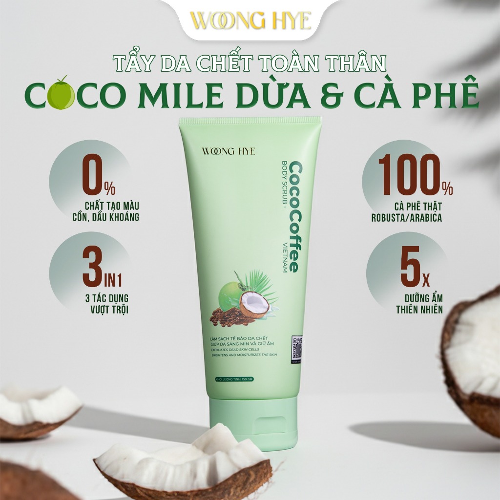 Sữa tẩy tế bào chết body dừa cà phê, dưỡng ẩm, cho da mềm mịn Woong Hye, 150gr - COCOCOFFEE BODY SCRUB