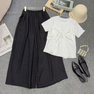 Set bigsize nữ 2 món gồm áo thun nơ trước ngực phối quân dài nữ tính, chất mềm mát nhiều màu 55-92kg SET A269-Q564
