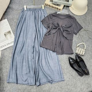Set bigsize nữ 2 món gồm áo thun nơ trước ngực phối quân dài nữ tính, chất mềm mát nhiều màu 55-92kg SET A269-Q564