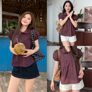 Áo sơ mi kẻ caro phối cổ sen tay bồng xinh xắn LAVIAN A124
