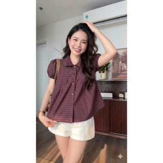 Áo sơ mi kẻ caro phối cổ sen tay bồng xinh xắn LAVIAN A124