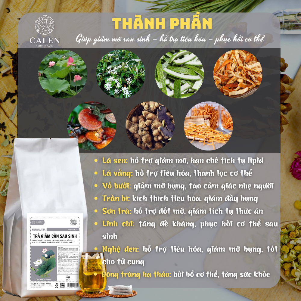 Trà giảm cân sau sinh Calen Nature Farm ích sữa, xổ mỡ, thải độc dưỡng da giúp săn chắc vòng eo