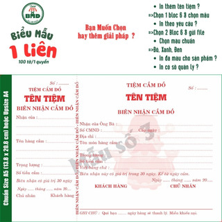 Biên Nhận Cầm Đồ 1 liên-Bloc 2 (in sẵn) & Bloc 6 (chọn mẫu in tên) hoặc theo thiết kế