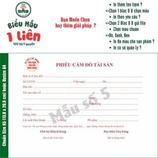 Biên Nhận Cầm Đồ 1 liên-Bloc 2 (in sẵn) & Bloc 6 (chọn mẫu in tên) hoặc theo thiết kế