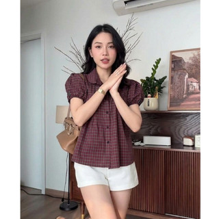 Áo sơ mi kẻ caro phối cổ sen tay bồng xinh xắn LAVIAN A124