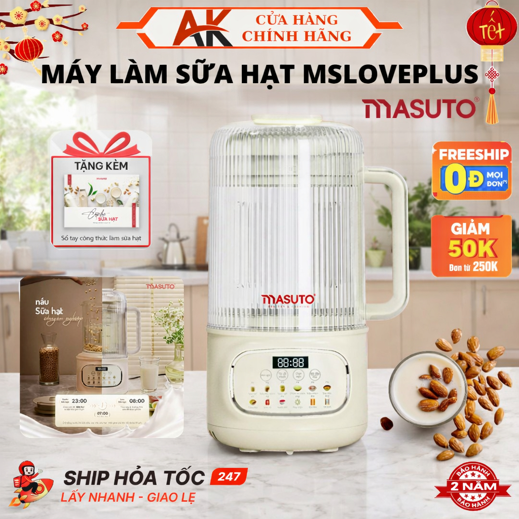 Máy Làm Sữa Hạt MSLovePlus Masuto Dung Tích 1,2Lít, Chống Ồn, Chống Trào Với 12 Chế Độ Nấu, BH 2 Năm