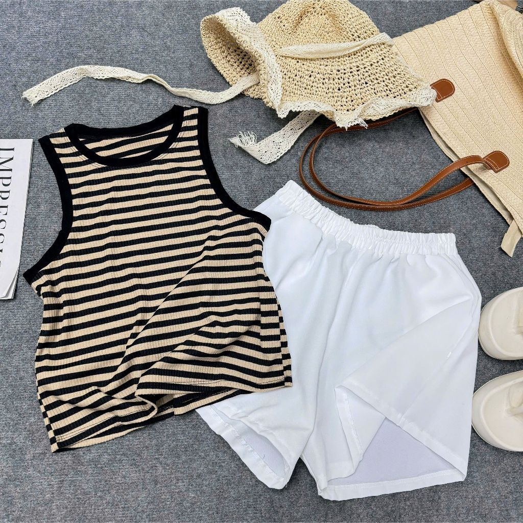 Set Bigsize Nữ Áo Tanktop Kẻ Sọc Trẻ Trung Kết Hợp Quần Short Basic Co Giãn Dễ Mặc 58-95kg G3+Q500