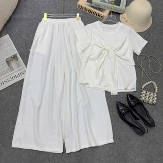 Set bigsize nữ 2 món gồm áo thun nơ trước ngực phối quân dài nữ tính, chất mềm mát nhiều màu 55-92kg SET A269-Q564
