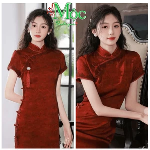Set áo dài, sườn xám cách tân đi lễ chùa mặc Tết chất Poly 2 da phối Ren kèm phụ kiện tôn dáng_QC