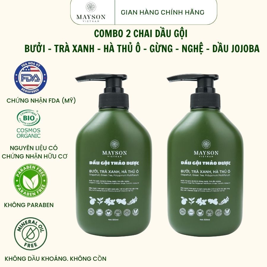 Dầu Gội Đầu Combo 2 Chai MAYSON VIỆT NAM, Dầu Gội Bưởi Trà Xanh Hà Thủ Ô Gừng Nghệ Dầu Jojoba
