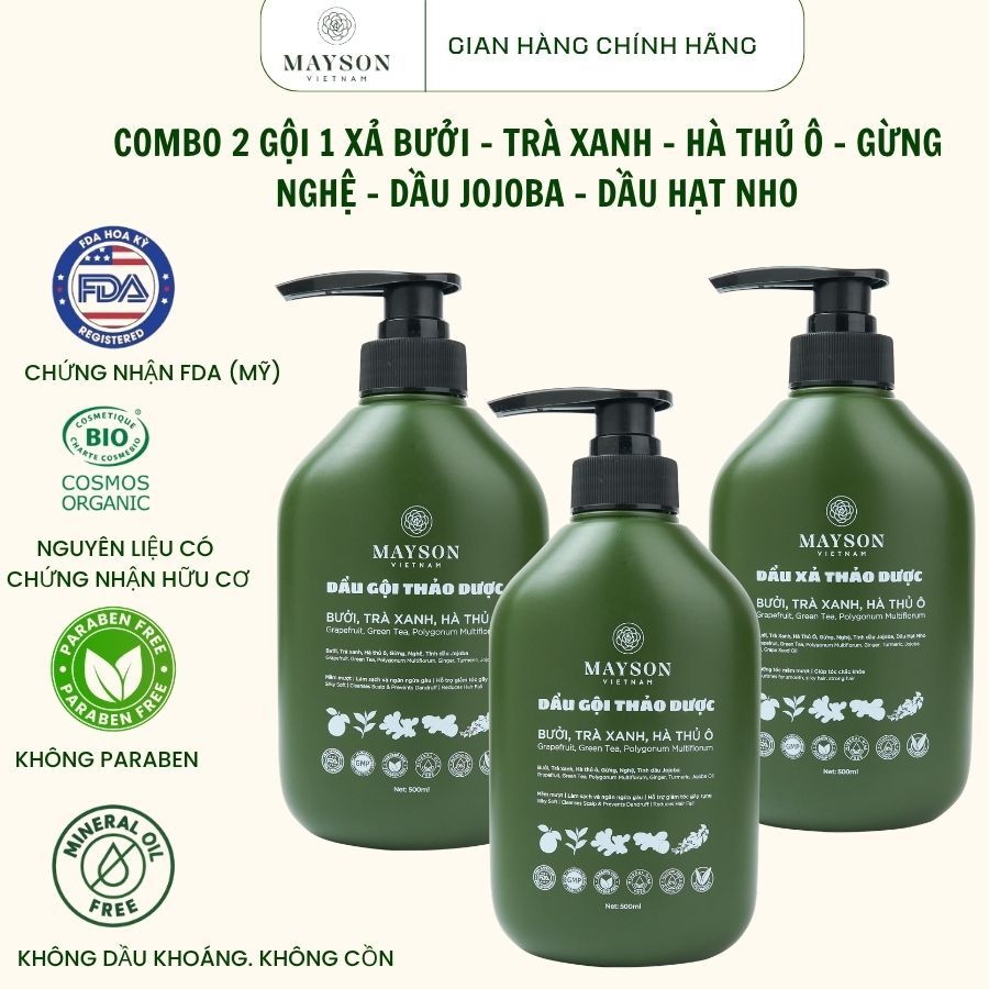 Dầu Gội Xả Combo 2 Gội 1 Xả Bưởi Trà Xanh Hà Thủ Ô Gừng Mayson Việt Nam 500gr