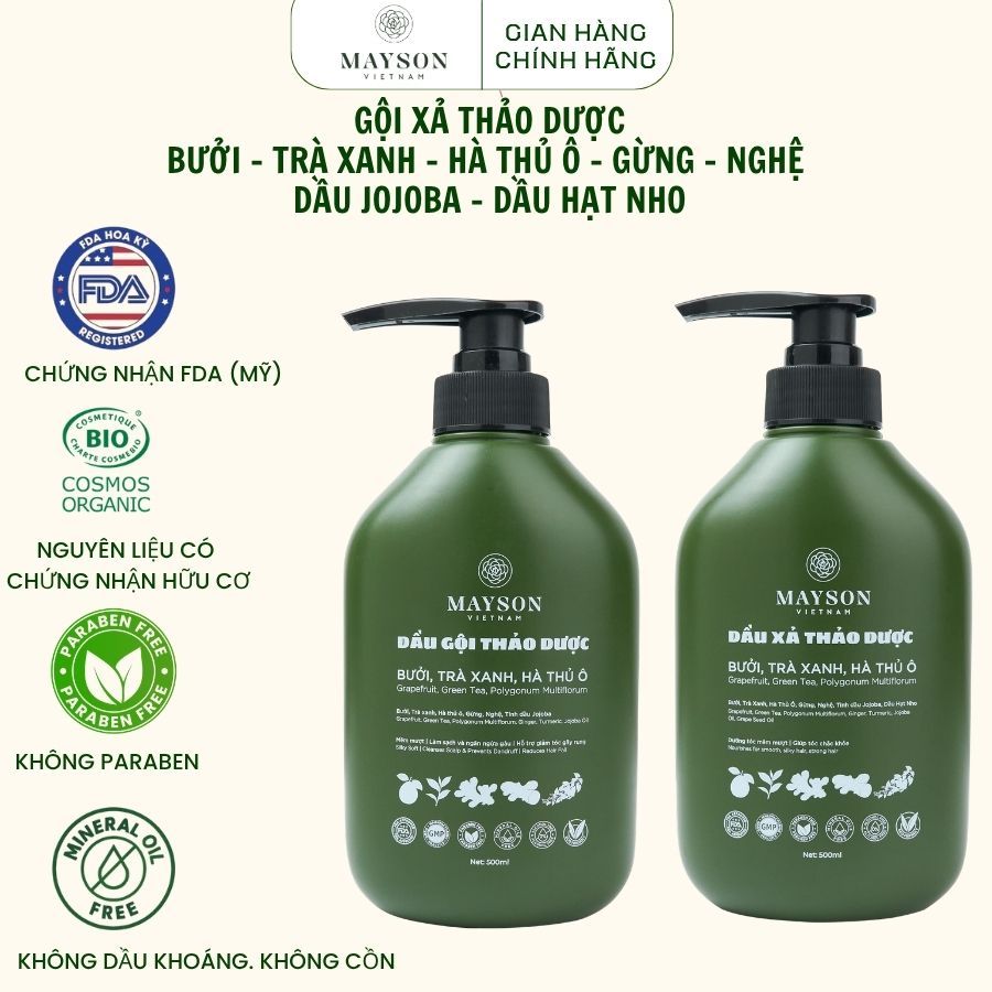 Cặp Dầu Gội Xả Thảo Dược Bưởi, Trà xanh, Hà Thủ ô, Gừng, Nghệ, dầu Jojoba MaySon 500gr