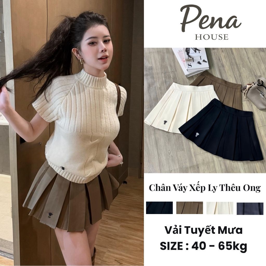 Chân Váy Xếp Ly Thêu Ong Cạp Cao Tôn Dáng Có Quần Bảo Hộ Vải Tuyết Mưa Mới Bigsize Nữ Pena house 888