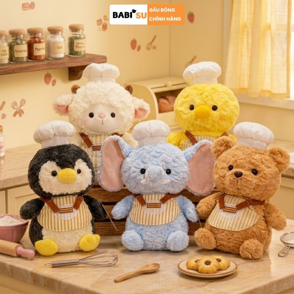 Gấu Bông Đầu Bếp Động Vật Lông Cừu Dễ Thương Dễ Thương, Thú Nhồi Bông Chim Cánh Cụt, Voi, Cừu, Gà, Teddy Đeo Tạp Dề