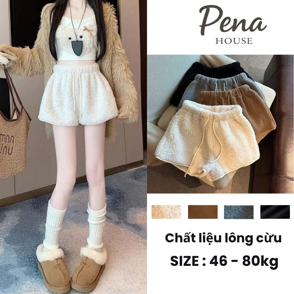 Quần Short Lông Cừu Cạp Chun Cao Cấp Ống Rộng Có Túi Gấu Vải Mềm Dễ Mix Đồ