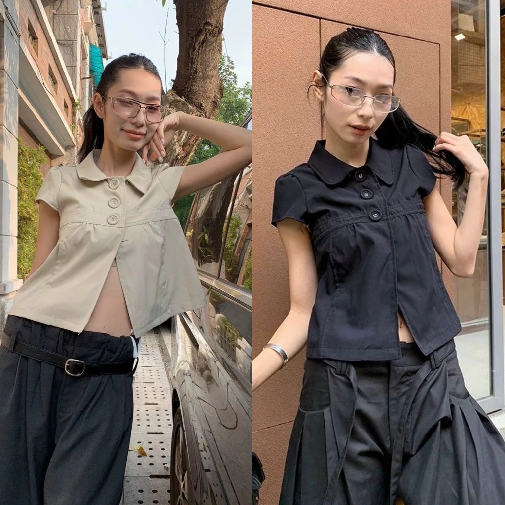(sẵn đen)Áo sơ mi nữ cộc tay tạo kiểu ba khuy thời trang chất thô 2 lớp dày dặn đen be ASM022 - Tiktik