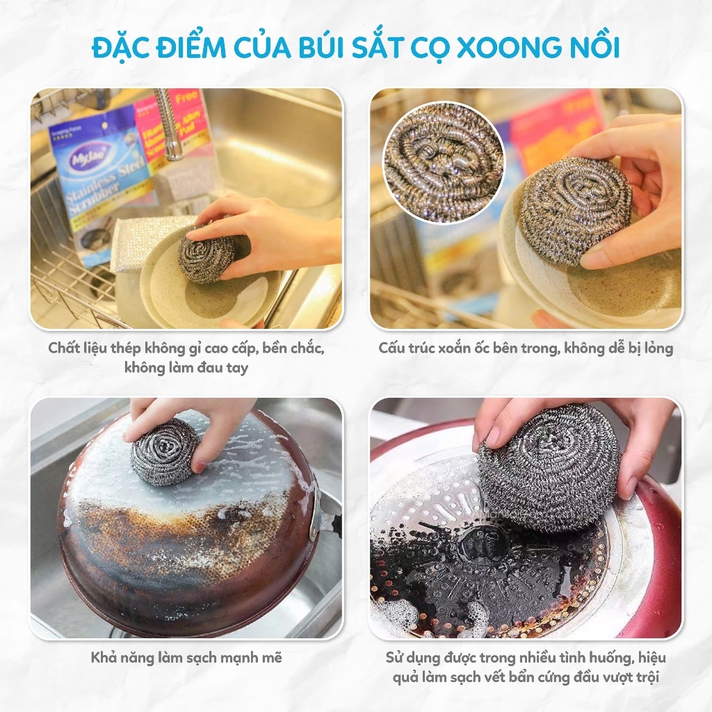 [Võ Hà Linh x MyJae] COMBO 3 Bịch Búi Sắt Cọ Xoong Nồi KÈM Miếng Chà Nồi Đa Năng MyJae (12 búi sắt + 4 miếng chà nồi)