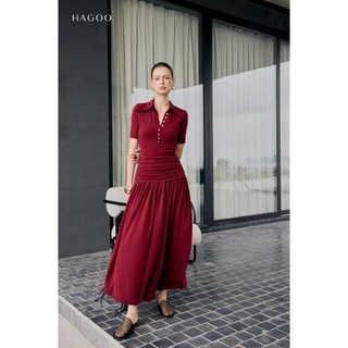 Váy thun nữ dáng dài cổ đức HAGOO thiết kế nhún ngang hông thanh lịch công sở [V9076]