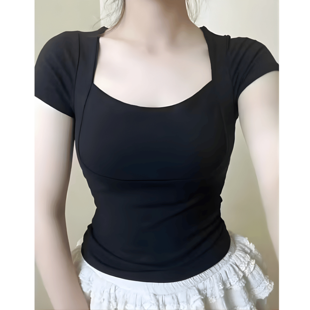 Áo Thun Nữ Cổ Vuông Ôm Body Tôn Ngực Ôm Eo Chất Thun Tăm Co Giãn Phù Hợp Bigsize 45-85kg ESHOP MS590